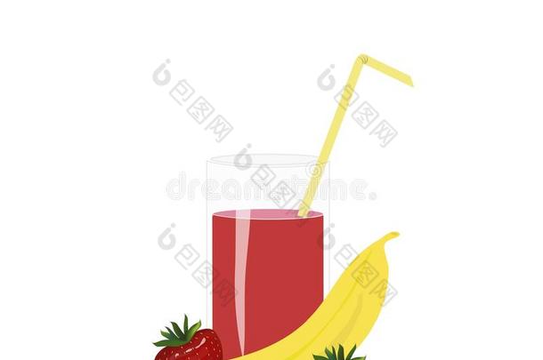 横幅<strong>果汁</strong>。 一杯<strong>果汁</strong>，黄色吸管，香蕉，白色背景上的红色草莓
