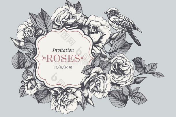 花卉复古邀请与手绘花园玫瑰和鸟。
