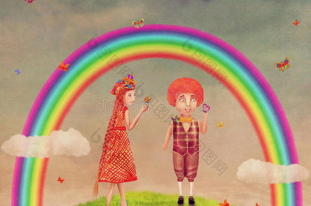 男孩和女孩在彩虹下的草地上
