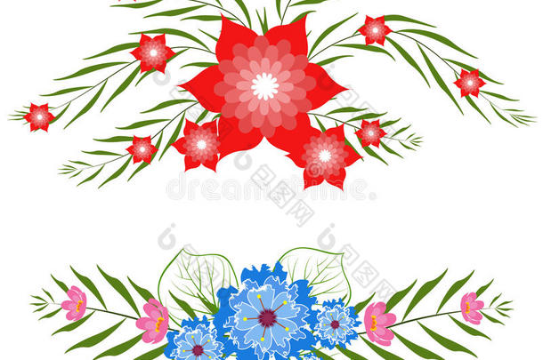 五颜六色的花卉收藏与树叶和鲜花春季或夏季设计的邀请，婚礼或贺卡