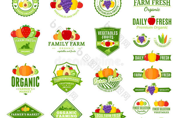水果和蔬菜标志，标签，水果和蔬菜图标