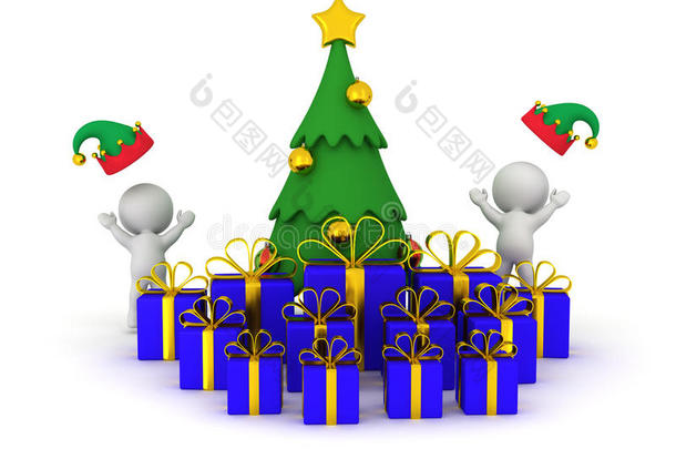 带有礼物和3D角色<strong>欢呼</strong>的3D圣诞树
