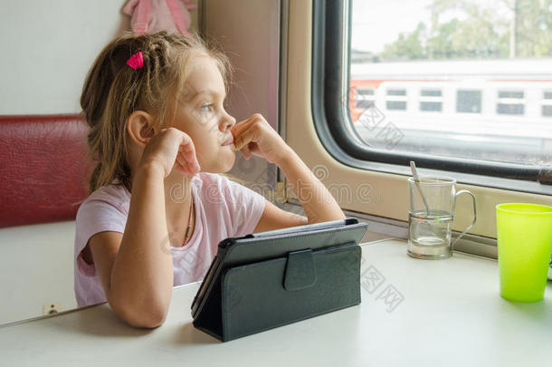 女孩在火车上坐着平板电脑，沉思地看着窗外