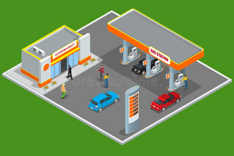 加油站三维等距。 加油站的概念。 加油站平面矢量图。 燃油泵，汽车，商店，油站图片
