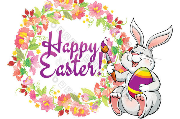 贺卡与可爱的复活节兔子和春天的花框