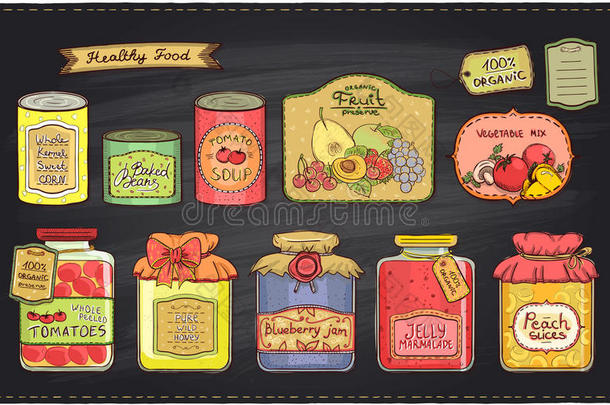 手绘复古风格的插图与罐头商品集和标签在黑板背景。