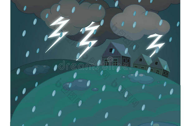 卡通场景与天气风暴在村庄上空-雷鸣