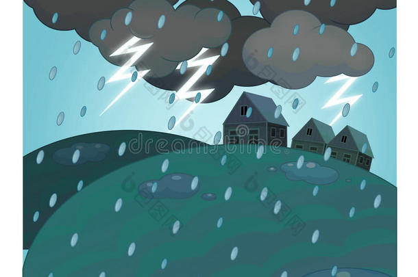 卡通场景与天气风暴在村庄上空-雷鸣