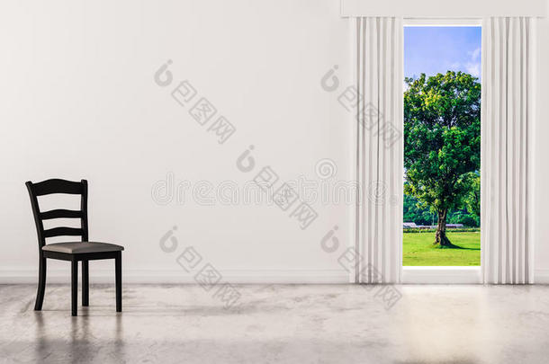 混凝土抛光地板上的椅子，窗户和白色墙壁上的树木自然景观，3D渲染