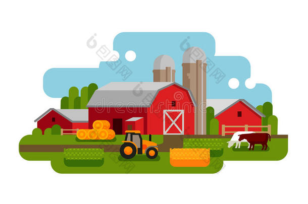 农场景观的平面矢量图。 农业，作物，田野，谷仓，拖拉机，奶牛图标