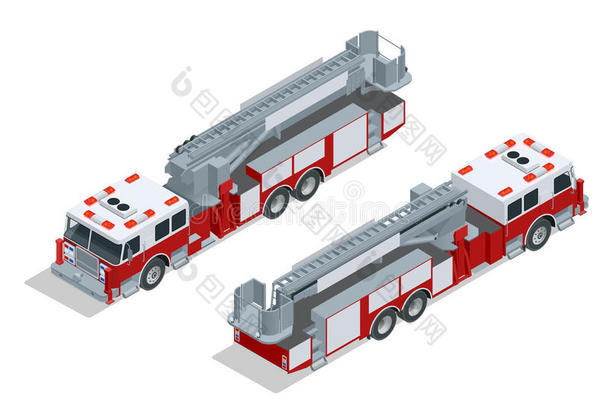 消防车。 灭火和受害者援助。 平面三维等距高质量城市交通图标。