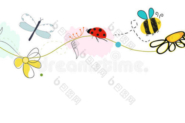 蜜蜂矢量与雏菊花。 弹簧模式矢量背景