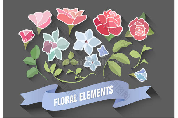 花卉<strong>元素</strong>材料设计。 开花和叶子。 植物学套装