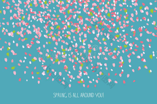 春天就在你身边！‘ 卡片。 樱桃花瓣。