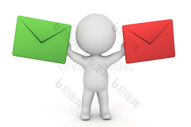 三维字符持有两个邮件信封-一个绿色和一个红色