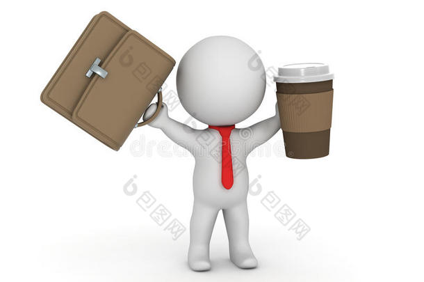 三维<strong>人物</strong>商人，<strong>红</strong>色领带，拿公文包和咖啡杯