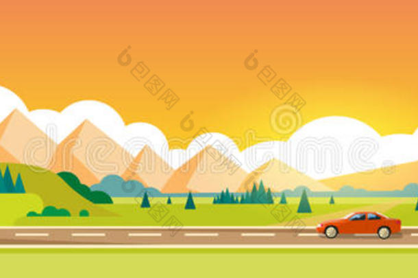 汽车驾驶道路，山脉，夏季景观，水平旗帜