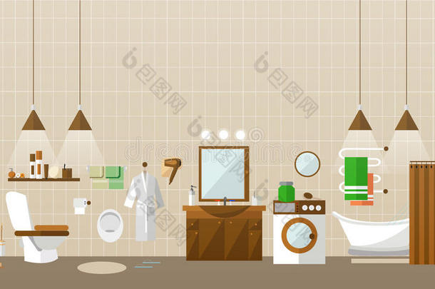 带家具的浴室内部。平面式矢量图。设计元素、浴缸、洗衣机