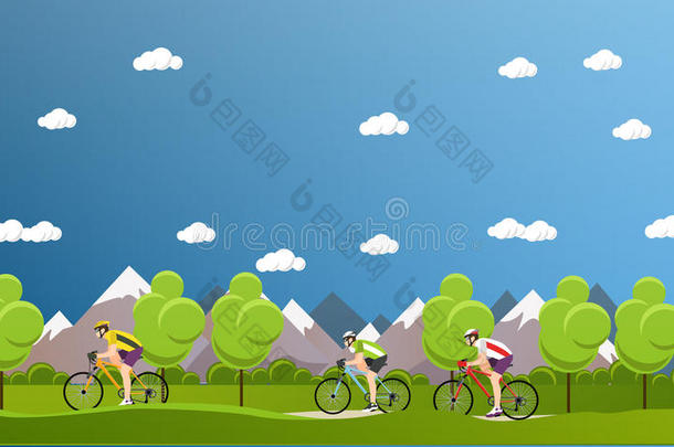 一群骑自行车的人在山上和<strong>公园</strong>骑自行车。 骑自行车运动概念<strong>卡通</strong>横幅。 矢量插图平面