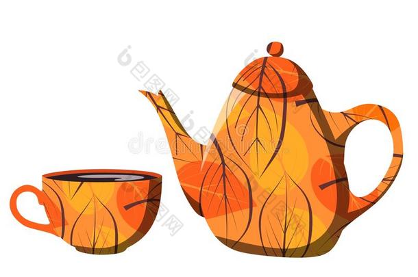 美丽的秋天茶壶和带橙色叶子的杯子