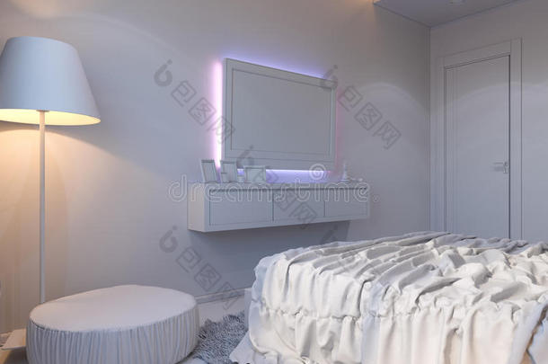 <strong>现代风格卧室</strong>室内设计的三维渲染。