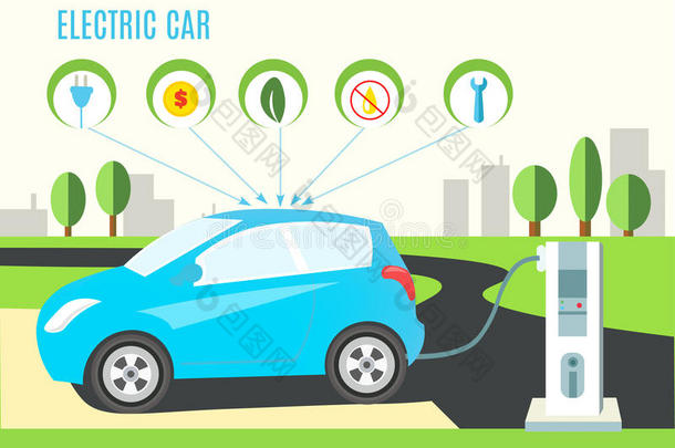 电动蓝色混合动力汽车充电插图的道路和城市景观。 图标与插头，金钱，生态，石油和扳手。 矢量