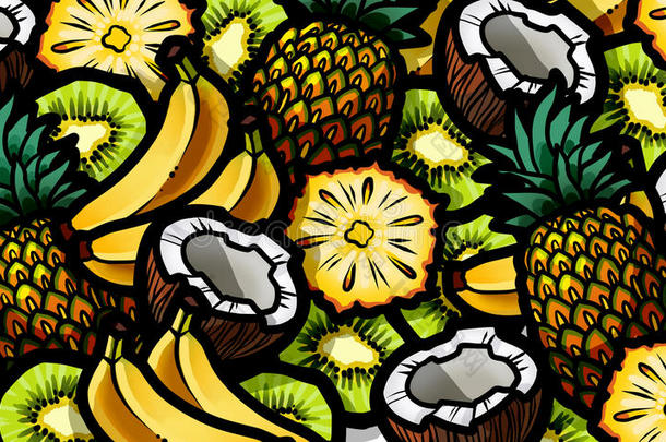 香蕉，椰子，菠萝和猕猴桃新鲜水果混合