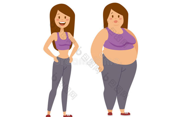 卡通人物胖女人和瘦女孩，人们节食健身。