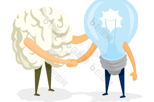 大脑和创意灯泡之间的友好握手