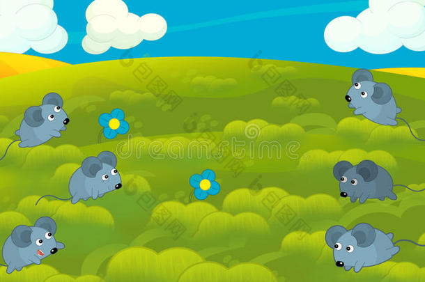 卡通自然场景的草地-猫头鹰在树枝和老鼠在田野