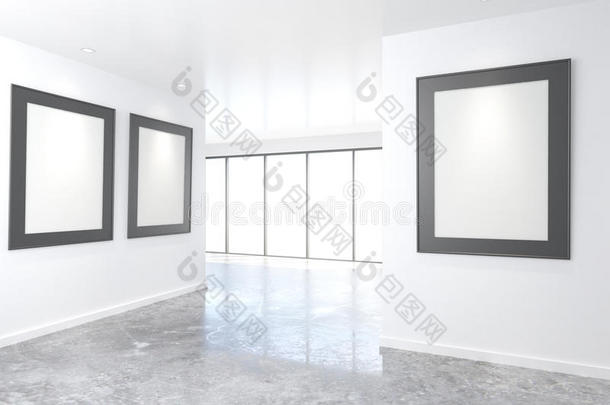 空荡荡的明亮的艺术画廊，墙上有空白的图片，模拟