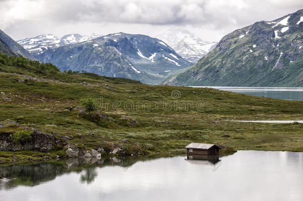美丽的景观与湖泊，房屋树木和山脉，挪威中部