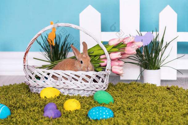 复活节装饰和兔子在春天的篮子