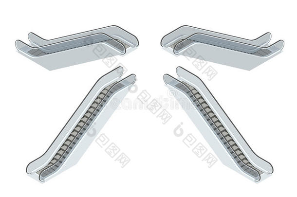 自动扶梯。 现代建筑楼梯、电梯和电梯。 平面三维矢量等距插图。