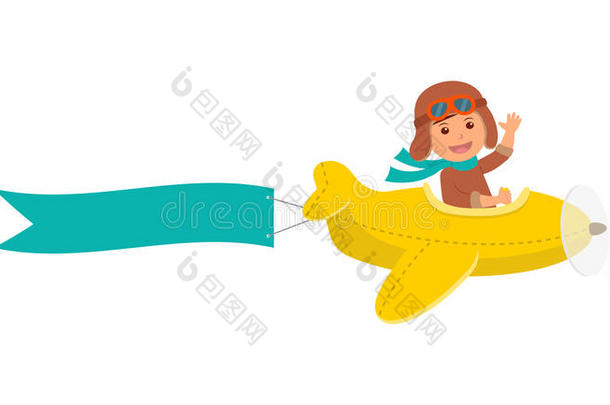 可爱的男孩飞行员在天空中的黄色<strong>飞机上</strong>飞行。 空中冒险。 孤立的卡通矢量插图