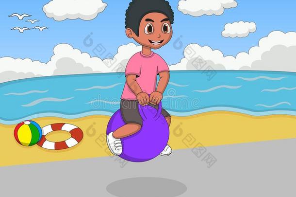 男孩在海滩卡通里玩弹跳球