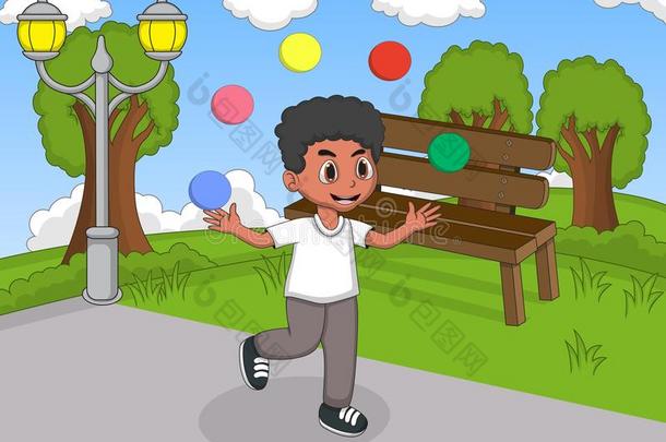 男孩在公园卡通里玩杂耍和跑步