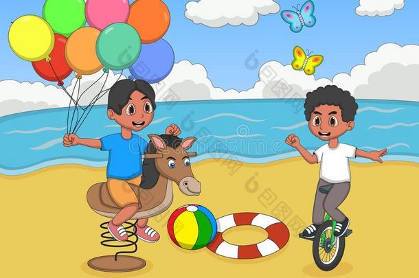 男孩们在海滩卡通里玩摇摆的马和独轮车
