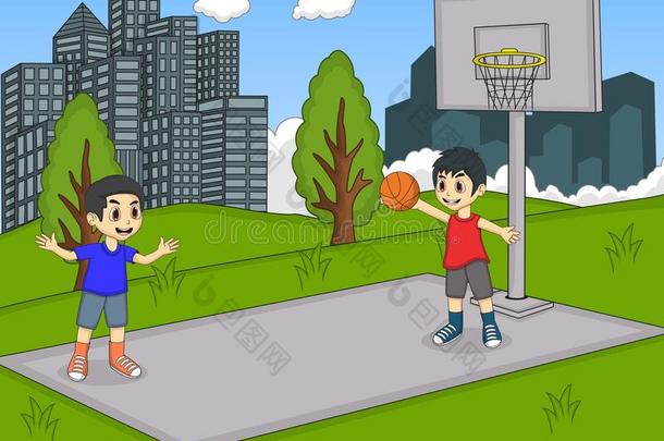 男孩在公园的卡通里打篮球