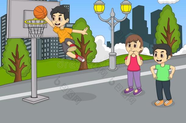 一个在公园卡通里打篮球的男孩
