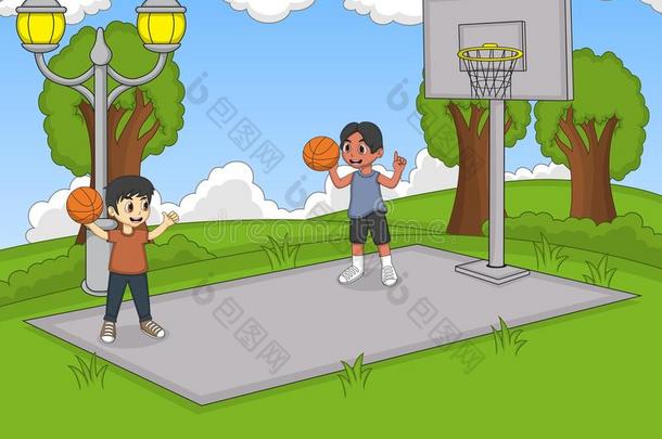 男孩在公园的卡通里<strong>打篮球</strong>