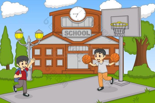 孩子们在学校的<strong>卡通</strong>里<strong>打篮球</strong>