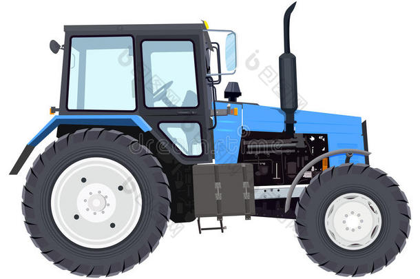 蓝色新拖拉机。 农业机械。 轮式拖拉机
