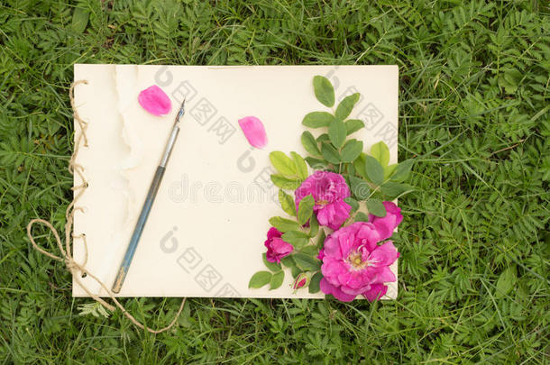 手工笔记垫与花和叶子的野生玫瑰