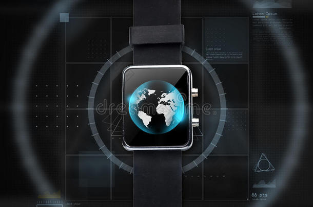 关闭黑色智能手表与世界地球仪