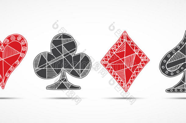 手绘草图扑克牌，扑克，二十一点符号，背景，涂鸦心，钻石黑桃和俱乐部符号