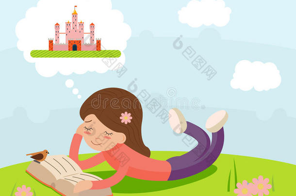 女孩年轻快乐微笑阅读书上躺着自然幻想，童话人物图标符号时尚卡通设计