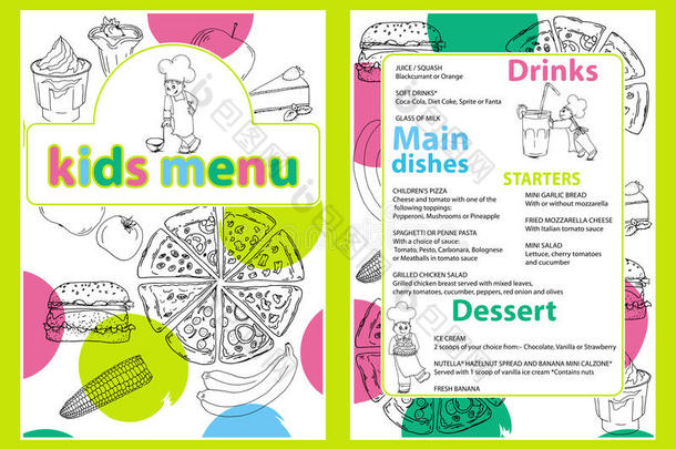 可爱的彩色儿童餐菜单模板与有趣的卡通厨房男孩。 不同类型的菜肴在一个手绘的杂货店