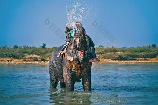 大象在骑马时向人们喷水