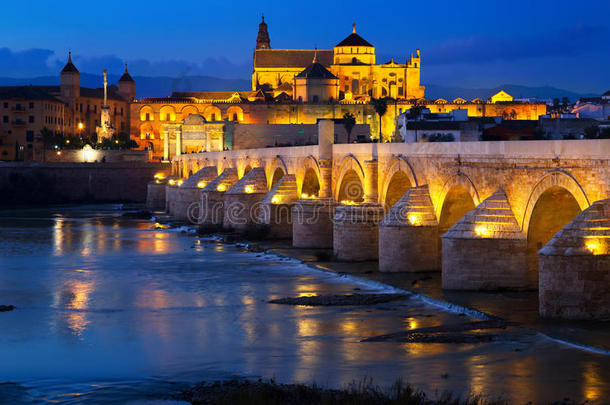 科尔多瓦与罗马桥和清真寺-在夜间